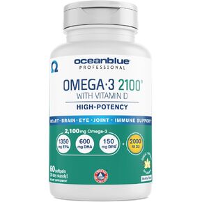 Oceanblue Professional Omega-3 2100 – 120 ct - 2pack – Triple Strength Burpless Fish Oil Supplement with High-Potency EPA, DHA, DPA and Vitamin D3 – Wild-Caught – Orange Flavor