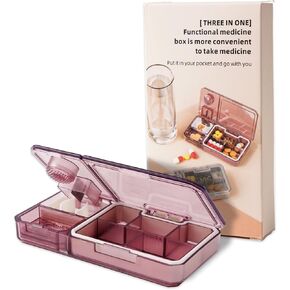 Pill Organizer with Cutter Crusher:Travel Medicine Pill Organizer for Pocket Purse to Hold Vitamins Medication Supplements,Pink
