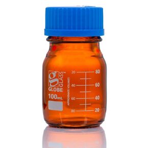 Globe Glass, Amber Media Bottle, 100mL, GL45 Screw Cap, Dual Graduations, 10/Box
