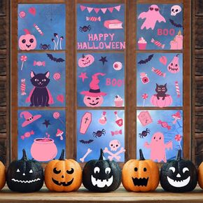 9 Sheets Halloween Window Clings Pink Halloween Window Stickers Pumpkin Bat Window Decals Cute Pink Pumpkin Skull Boo Cat Spider Web Ghost Double-Side Glass Stickers for Halloween Party Home Decor