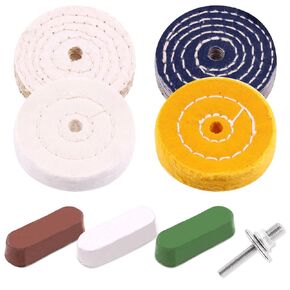 8Pcs 3inch Buffing Polishing Wheel for Drill with Polishing Compound & 1/4" Shank, Polishing Pads for Bench Grinder (Denim/Sisal/Cotton Buffing Wheel)