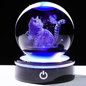 YWHL 3D Butterfly Gifts for Women, Crystal Butterfly Figurine Ball with Colorful Light Base, Birthday Mother Day for Butterfly Lover, Glass Animal Collection Sphere Home Decor(80mm)