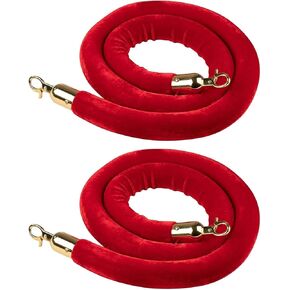 2 Pack Velvet Stanchion Rope Red, 5 Ft Crowd Control Ropes Barrier with Gold Hooks, Hanging VIP Rope for Party Decoration