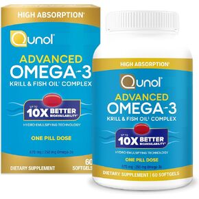 Qunol Advanced Omega 3 Krill and Fish Oil Complex, 10x Better Bioavailability, One Pill Dose, 250mg EPA & DHA, Supports Brain, Eye, Heart and Joint Health, 60 Count