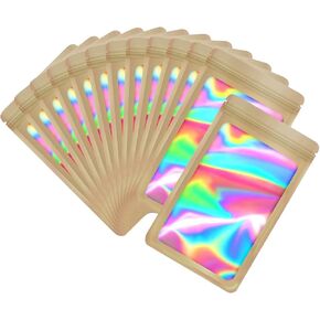 100-pack 4×6 inch mylar bags with clear window holographic resealable sealable packaging zip bag for small bussiness jewelry candy sample food packing supplies （champagne）