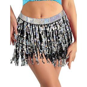 Sequin Tassel Skirt Belly Dance Hip Scarf Wrap Sparkly Tinsel Fringe Skirt Rave Festival Outfit Halloween Costume for Women