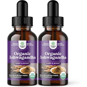 USDA Organic Ashwagandha Liquid Drops - Liquid Ashwagandha Root Extract for Stress and Mood Support - Tasty Adaptogenic Ashwagandha Tincture - Non GMO Vegan Gluten Alcohol and Sugar Free (2 Pack)
