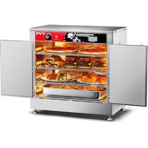 PYY Hot Box Food Warmer, Commercial Catering Warming Cabinet for Pizza Pretzel, Electric Countertop Heating Machine for Restaurant, Buffet and Party, 4-Tier Dual Door with Water Tray and Thermometer