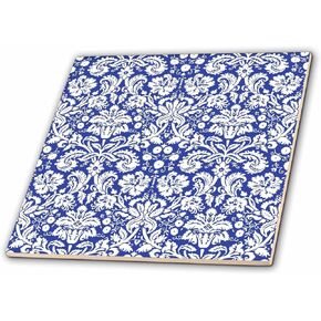 3dRose Royal Blue and White Damask Pattern Stylish Elegant Victorian Vintage French Floral Swirls Navy Ceramic Tile, 8"