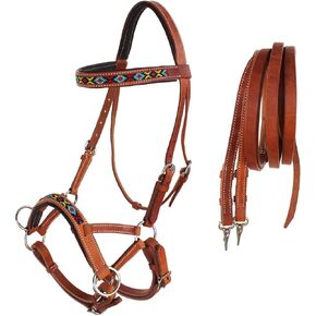 CHALLENGER Horse Western Black Leather Tack Beaded Bitless Sidepull Bridle Reins 77RT06