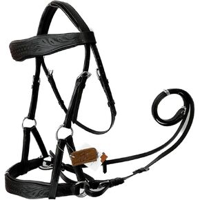 Sidepull Bitless Bridle with Designer Hand Carving On Brow & Noseband Curved Shaped Black (Full, Cob, Pony)