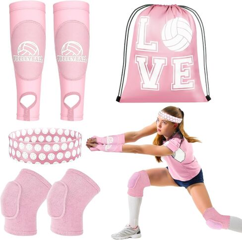 6 Pcs Volleyball Accessories Kit, Youth Volleyball Knee Pads Volleyball Arm Sleeves Protection Volleyball Headband Drawstring Bag for Women Teens Girls Boys Gifts（Pink） in Kuwait