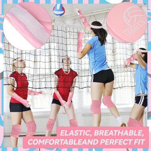 6 Pcs Volleyball Accessories Kit, Youth Volleyball Knee Pads Volleyball Arm Sleeves Protection Volleyball Headband Drawstring Bag for Women Teens Girls Boys Gifts（Pink） in Kuwait