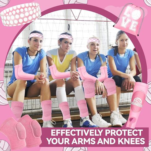 6 Pcs Volleyball Accessories Kit, Youth Volleyball Knee Pads Volleyball Arm Sleeves Protection Volleyball Headband Drawstring Bag for Women Teens Girls Boys Gifts（Pink） in Kuwait