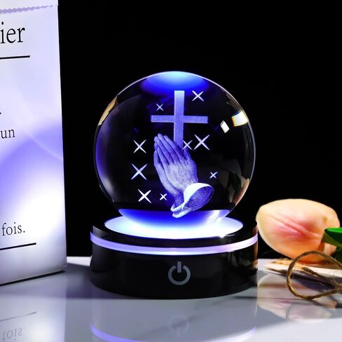 YWHL 3.14In 3D تمثال كرة كريستال متقاطع مع قاعدة إضاءة ملونة، نقش بالليزر للصلاة هدايا دينية للنساء، هدايا مسيحية للأصدقاء، ديكور متقاطع كريستال in Saudi Arabia