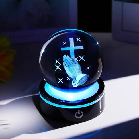 YWHL 3.14In 3D تمثال كرة كريستال متقاطع مع قاعدة إضاءة ملونة، نقش بالليزر للصلاة هدايا دينية للنساء، هدايا مسيحية للأصدقاء، ديكور متقاطع كريستال in Saudi Arabia