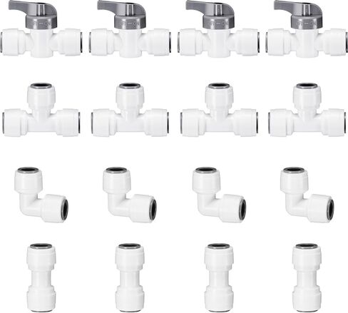 تركيبات توصيل سريعة 3/8 بوصة، تركيبات دفع 3/8 بوصة للطعام، تركيبات خط مياه 3/8 بوصة لأنظمة RO (التناضح العكسي) (صمام الكرة + T + موصل الاتحاد + موصل الكوع، 16 قطعة) in Kuwait