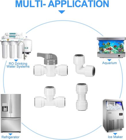 تركيبات توصيل سريعة 3/8 بوصة، تركيبات دفع 3/8 بوصة للطعام، تركيبات خط مياه 3/8 بوصة لأنظمة RO (التناضح العكسي) (صمام الكرة + T + موصل الاتحاد + موصل الكوع، 16 قطعة) in Kuwait