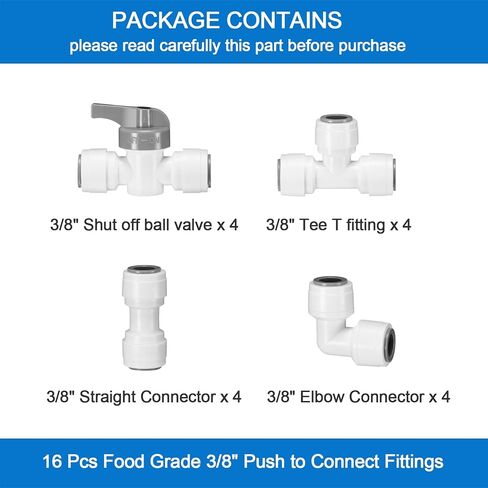تركيبات توصيل سريعة 3/8 بوصة، تركيبات دفع 3/8 بوصة للطعام، تركيبات خط مياه 3/8 بوصة لأنظمة RO (التناضح العكسي) (صمام الكرة + T + موصل الاتحاد + موصل الكوع، 16 قطعة) in Kuwait