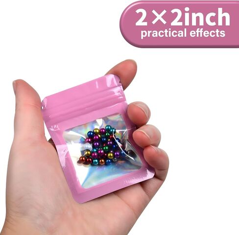 100 عبوة من أكياس مايلر مقاس 2 × 2 بوصة مع نافذة شفافة ثلاثية الأبعاد وقابلة للإغلاق وحقيبة بسحاب للتغليف من أجل مجوهرات الأعمال الصغيرة وعينات الحلوى ومستلزمات تعبئة المواد الغذائية (وردي) in Kuwait