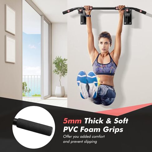 Goplus Wall Mounted Pull Up Bar, Steel Chin Up Bar w/ 3 Grip Positions, Multifunctional Pullup Bar for Indoor Home Gym Strength Training Full Body Workout Fitness, Dip Station Supports to 440 LBS in Saudi Arabia