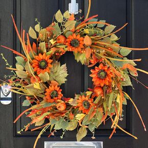 Fall Wreaths for Front Door, Soomeir 22 Inch Pumpkin Autumn Wreath with Berries, Sunflower Wreath for Outdoor Outside Indoor Halloween Thanksgiving Decorations