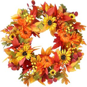 Sggvecsy Fall Wreath 20’’ Autumn Front Door Wreath Harvest Wreath with Sunflower Pumpkins Berries Maple Leaves Daisies for Outside Indoor Home Wall Festival Thanksgiving Autumn Farmhouse Decor