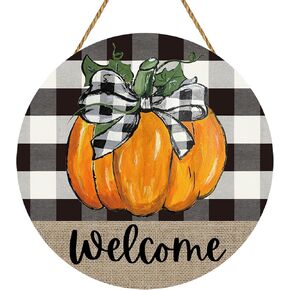 Fall Door Decor Fall Welcome Sign for Front Door Buffalo Plaid Fall Decor Rustic Fall Pumpkin Wall Decor Wooden Fall Door Sign Door Hanger for Harvest Farmhouse Porch Indoor Wall Home Decor