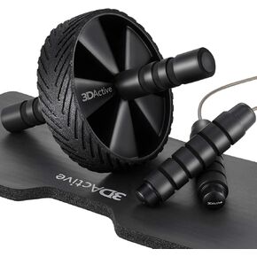 3DActive Ab Roller Wheel with Jump Rope and Knee Mat. Home Gym Exercise Equipment for Abs Workout, Core Training and Cardio Workouts. Black