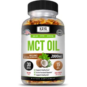 Kaya Naturals MCT Oil 2000mg - Non-GMO, Soy Free, Gluten Free - Supports Healthy Brain - Assists Functional Digestions & Supports Healthy Skin - 30ct