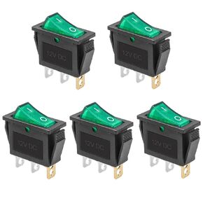 QTEATAK KCD3 SPST On/Off 3-Pin 2-Position Snap DC 12V-24V 30A Green LED Boat Rocker Toggle Switch - 5Pack (Only for DC12-24V)