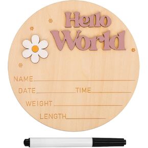 Wooden Hello World Newborn Sign, Baby Announcement Sign Birth Announcement Plaque Baby Name Sign Board Newborn Welcome Sign for Girl Boy Baby Shower Nursery Hospital Photo Prop