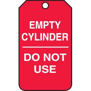 Accuform MGT202PTP Cylinder Status Tag, Legend"Empty Cylinder - DO NOT USE", 5.75" Length x 3.25" Width x 0.015" Thickness, RP-Plastic, White on Red (Pack of 25)