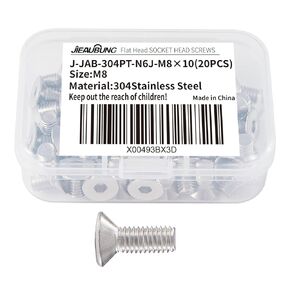 M8 x 20mm Flat Hex Head Socket Cap Screw，304 Stainless Steel，Fully Threaded，Bright Finish，Replacement Fastener Screws，Allen Hex Drive，20PCS