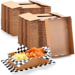 Thenshop 200 Pcs Kraft Paper Food Tray and Disposable Food Wrapping Paper Set 4 Corner Pop up Food Box Foldable Cardboard Trays Greaseproof Food Paper Box for Theater Stadium (Blue and White)