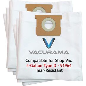 Premium 4 Gallon Shop Vacuum Bags Compatible for DeWalt, Shop Vac Type D, 91964, 9196400, 9196433, All Around Plus, FloorMaster, E87, High Efficiency. Fits DeWalt DXVA25-4040, DXV04T (6 Pack)