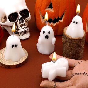 4pcs Halloween Ghost Candles, White Halloween Spooky Candles Cute Ghost Shape Candles Different Size Halloween Decoration Candles for Home Table