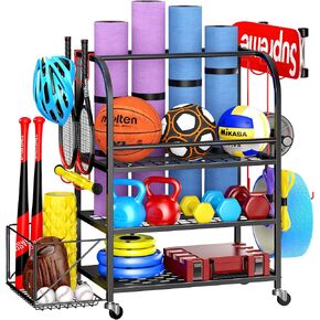 Dumbbell Rack Weight Rack for Home Gym with Wheels and Hooks Sports Equipment Organizer for Garage Yoga Mat Holder Fitness Equipments Storage