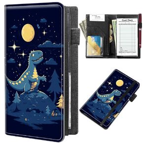 Server Books for Waitress 5 X 9 Inch,BFDHGQZC PU Leather Waiter Books with Zipper and Check Book Holder Money Pocket Personal Organizer Wallet Fit Server Aprons,Dinosaur