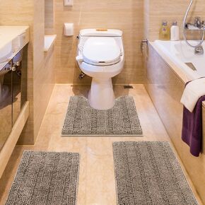 ACCUMTEK Striped Ultra Soft Thick Chenille Bath Rugs and Mats Dark Beige, Non Slip Bathroom Mats for Bathroom, Toilet, Bedroom, Kitchen