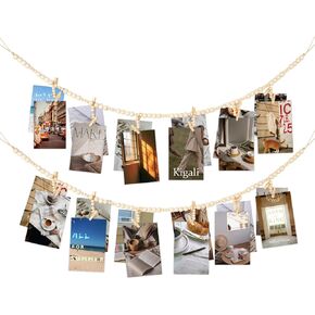 Luckforst 2 Pcs Hanging Photo Display with 24 Clips, Wooden Bead Garland, Boho Style Collage Photo Frame Decoration for Dorms, Classrooms, Bedrooms