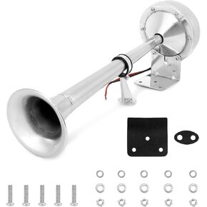 QWORK 115db Stainless Steel 12v Marine Boat Horn - Rust-Resistant, Low Tone Marine Grade Air Horn for Trucks, SUVs, RVs, and Boats, Exterior Mount