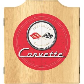 Dart Board Cabinet Set - Corvette C1 Red Dart Board with 6 Steel Tip Darts, Scoreboard, Hanging Wood Cupboard by Trademark Gameroom