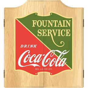 Dart Board Cabinet Set - Coca-Cola Fountain Service Dart Board with 6 Steel Tip Darts, Scoreboard, Hanging Wood Cupboard by Trademark Gameroom