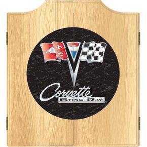 Dart Board Cabinet Set - Corvette C2 Black Dart Board with 6 Steel Tip Darts, Scoreboard, Hanging Wood Cupboard by Trademark Gameroom