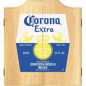 Dart Board Cabinet Set - Corona Label Design Dart Board with 6 Steel Tip Darts, Scoreboard, Hanging Wood Cupboard by Trademark Gameroom