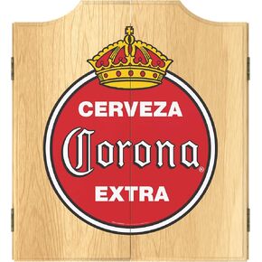 Dart Board Cabinet Set - Corona Vintage Dart Board with 6 Steel Tip Darts, Scoreboard, Hanging Wood Cupboard by Trademark Gameroom