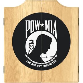 Dart Board Cabinet Set - P.O.W. Logo Dart Board with 6 Steel Tip Darts, Scoreboard, Hanging Wood Cupboard by Trademark Gameroom