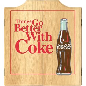 Dart Board Cabinet Set - Coca-Cola Better with Coke Dart Board with 6 Steel Tip Darts, Scoreboard, Hanging Wood Cupboard by Trademark Gameroom