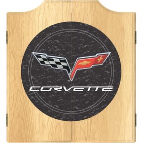 Dart Board Cabinet Set - Corvette C6 Black Dart Board with 6 Steel Tip Darts, Scoreboard, Hanging Wood Cupboard by Trademark Gameroom